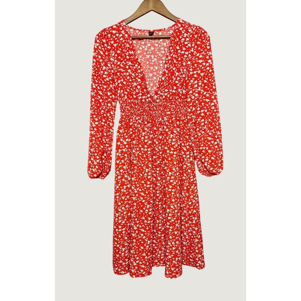 SHEIN Midi Dress Women XS Red Ditsy Floral Smocked Waist V-Neck Long Sleeve